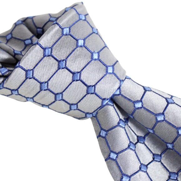 CANALI Tie 100% Silk -Made in Italy- Silver & Blue Square Pattern - Picture 6 of 6